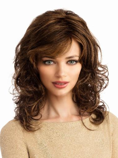 Long 14" Synthetic With Bangs Brown Lace Wigs