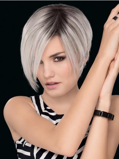 Without Bangs 7" Grey Straight Cropped Hand Tied Wigs