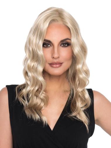 Long 16" Without Bangs Curly Blonde Mono Top Wig