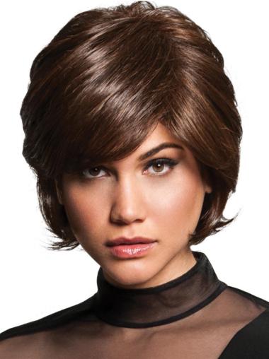 Short 8" Layered Wavy Brown Ladies Synthetic Wigs