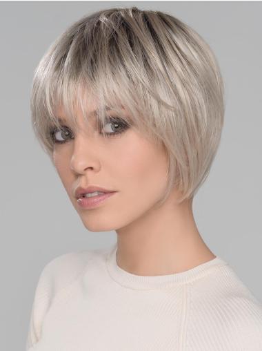 Platinum Blonde Synthetic With Bangs 6" Monofilamen Crown Wigs
