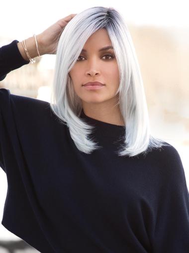 16" 100% Hand-tied With Bangs Straight White Medium Length Wigs For Women