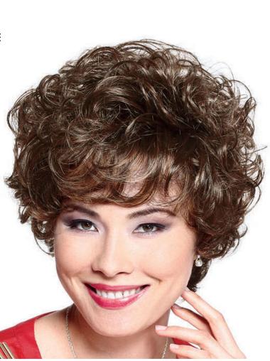 Brown With Bangs Curly Comfortable Short Wigs